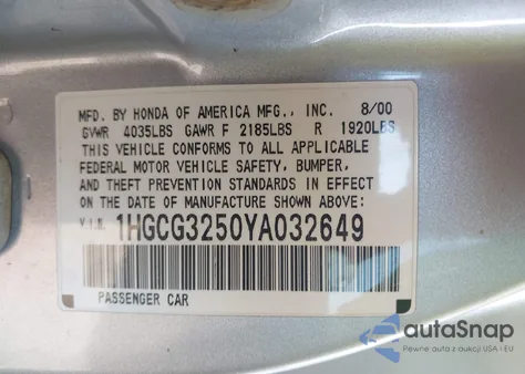 2000 Honda Accord 2.3 Ex z USA, uszkodzony, nr VIN 1HGCG3250YA032649
